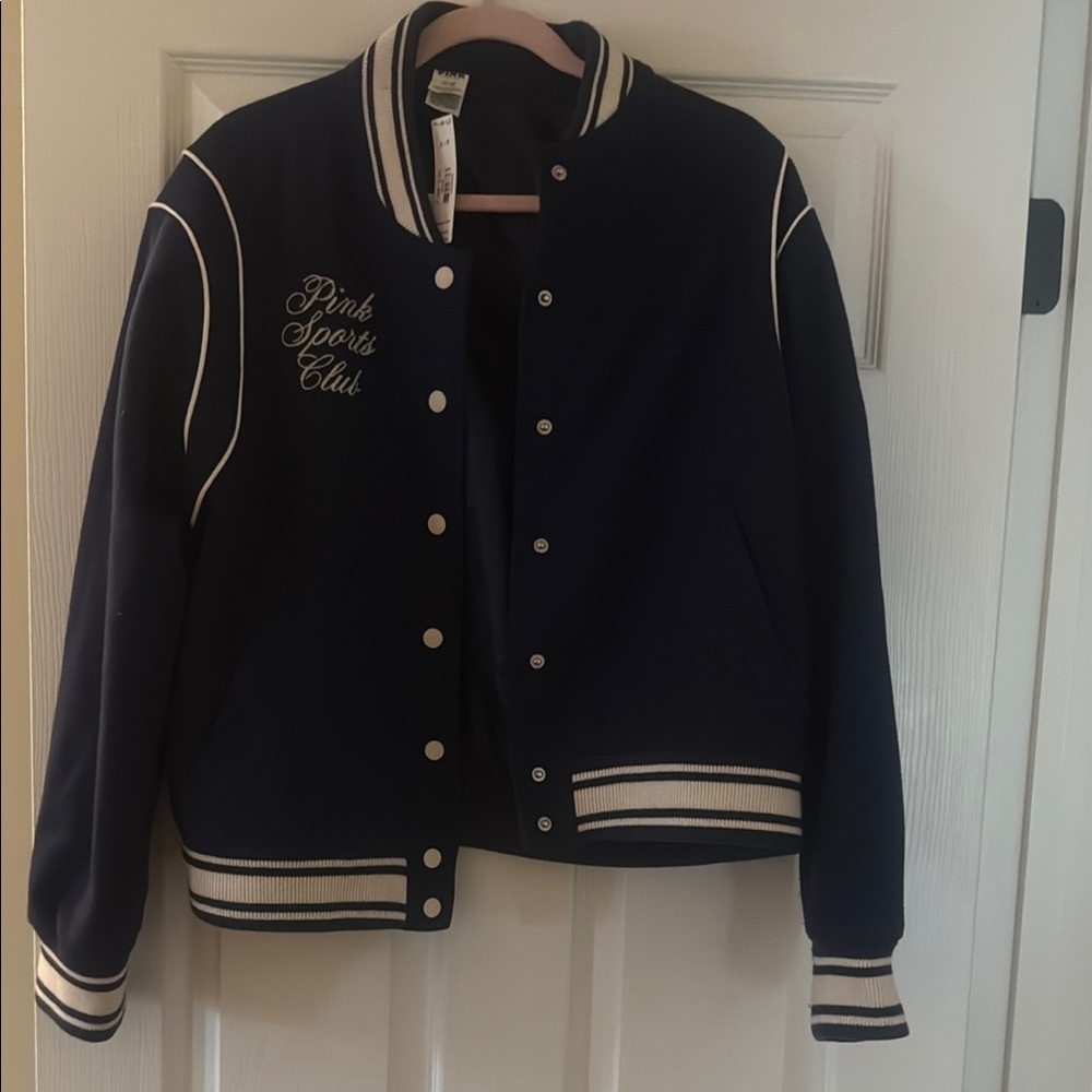 Navy Varsity Jacket with White Trim PINK